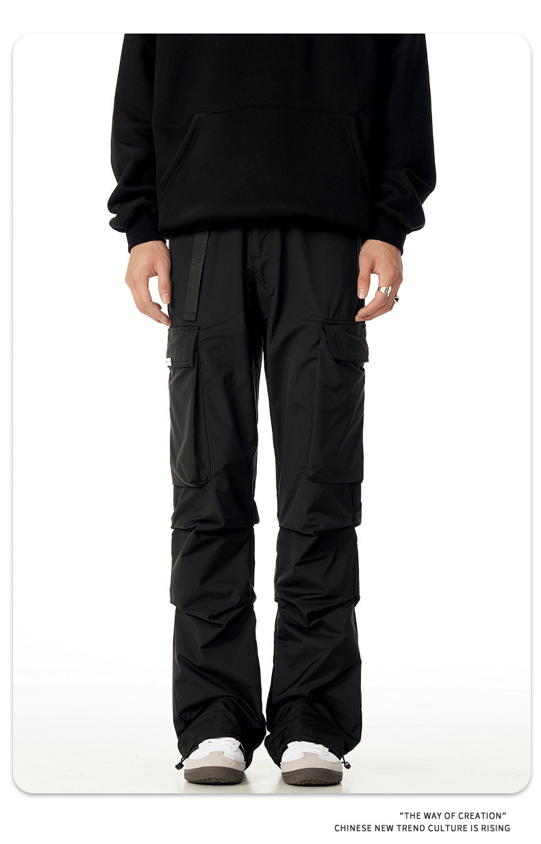 Retro Function Black Color & Pleats Multi-pocket Loose Casual Pants
