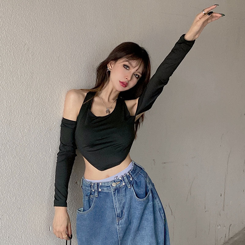 Sexy Slim Solid Color Round Leader Set Halter Halter Long Sleeve T-shirt Woman