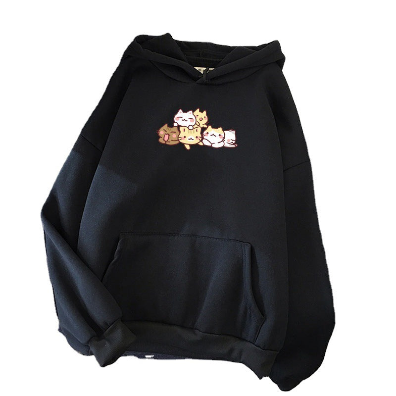 Cute Cat Fleece-lined Hoodie Female Male