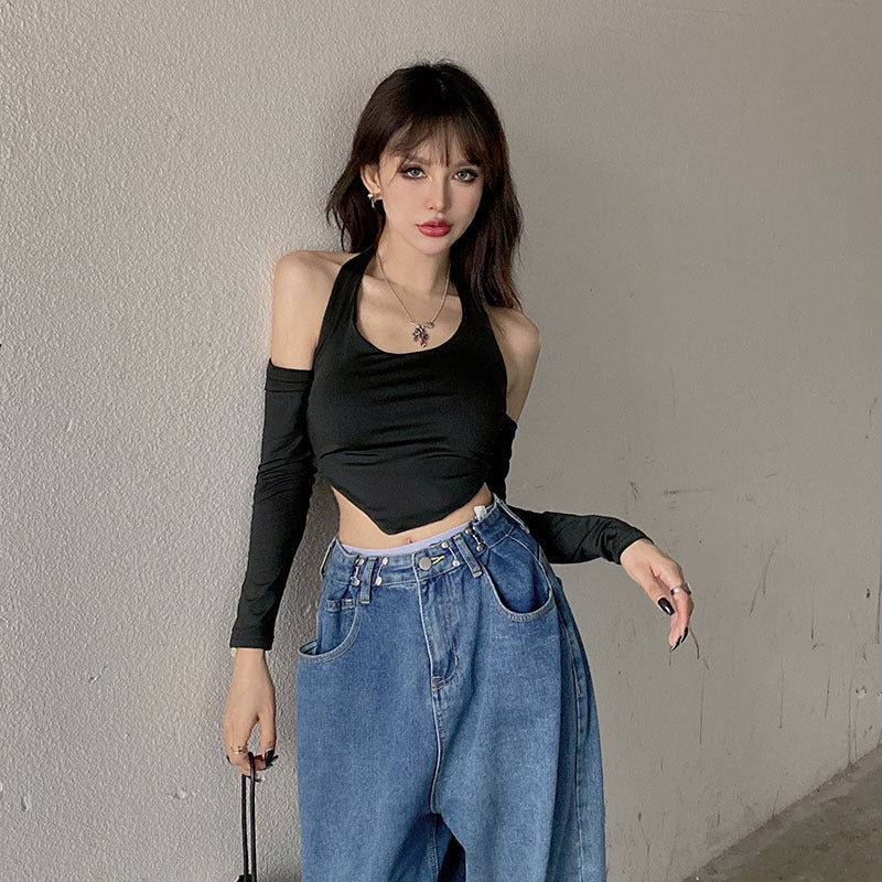 Sexy Slim Solid Color Round Leader Set Halter Halter Long Sleeve T-shirt Woman
