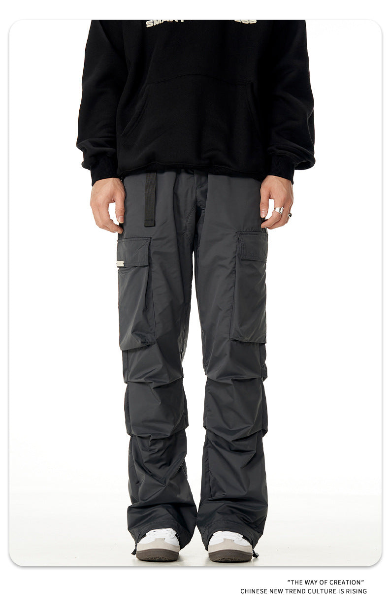 Retro Function Black Color & Pleats Multi-pocket Loose Casual Pants