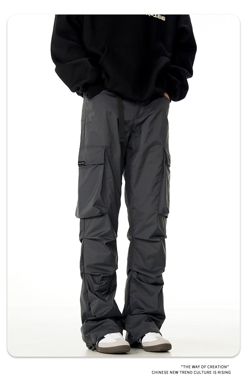 Retro Function Black Color & Pleats Multi-pocket Loose Casual Pants