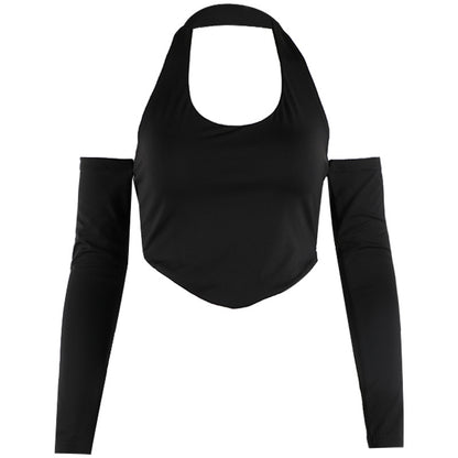 Sexy Slim Solid Color Round Leader Set Halter Halter Long Sleeve T-shirt Woman