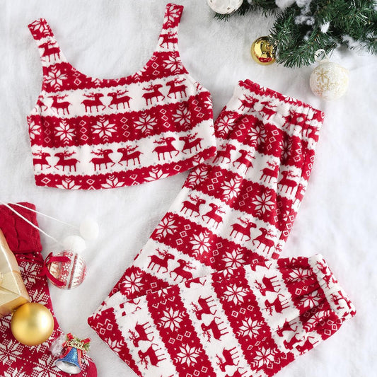 Christmas Elk Snowflake Fleece Midriff-baring Top And Pants Suit
