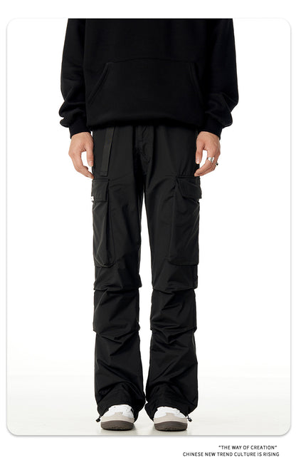 Retro Function Black Color & Pleats Multi-pocket Loose Casual Pants