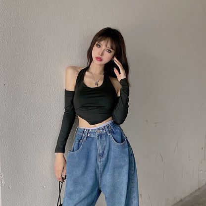 Sexy Slim Solid Color Round Leader Set Halter Halter Long Sleeve T-shirt Woman