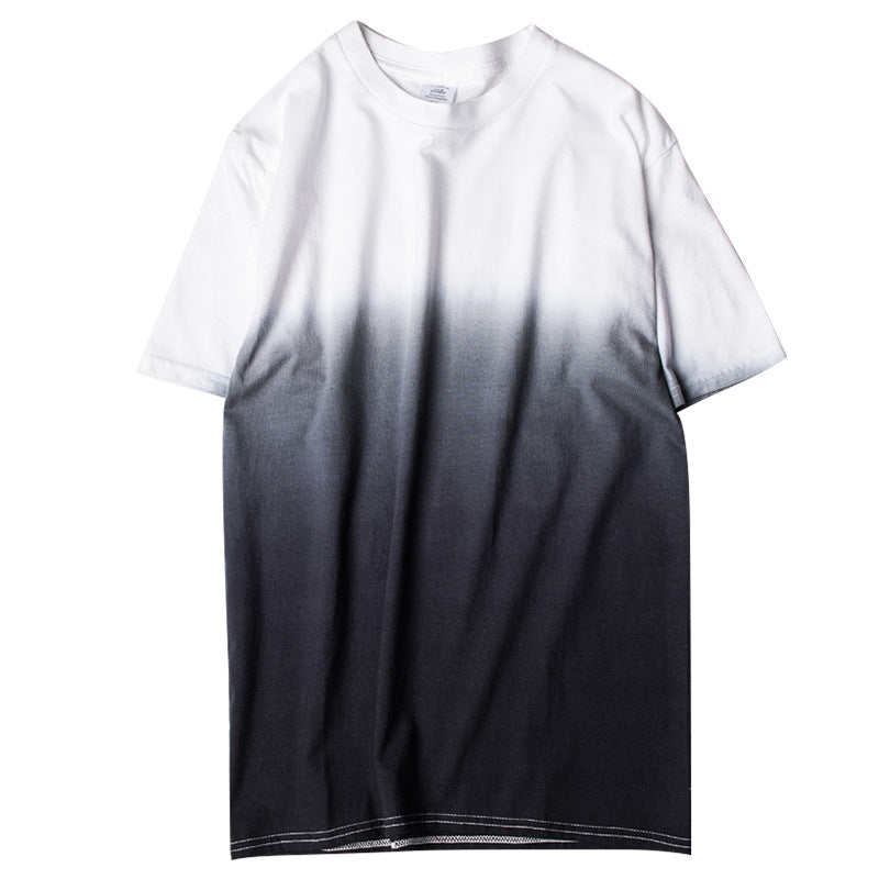 Drop-dyed gradient round neck cotton T-shirt