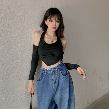 Sexy Slim Solid Color Round Leader Set Halter Halter Long Sleeve T-shirt Woman