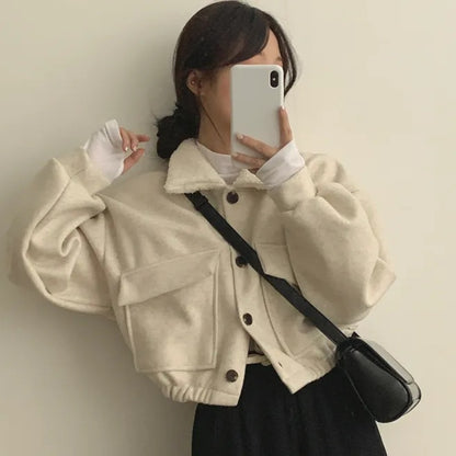 Thickened Collar Woolen Short Jacket For Women With Long Sleeves And Double Pockets