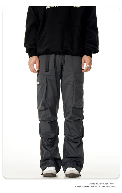 Retro Function Black Color & Pleats Multi-pocket Loose Casual Pants