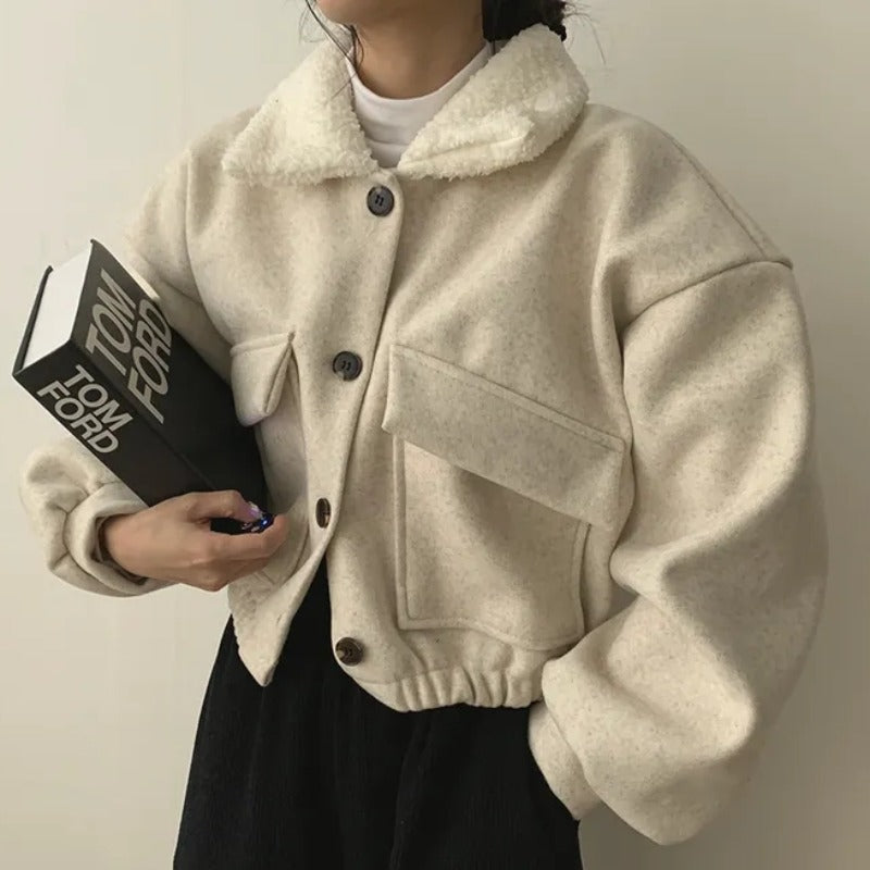 Thickened Collar Woolen Short Jacket For Women With Long Sleeves And Double Pockets