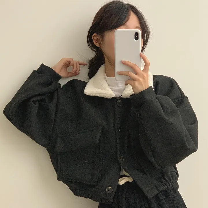 Thickened Collar Woolen Short Jacket For Women With Long Sleeves And Double Pockets