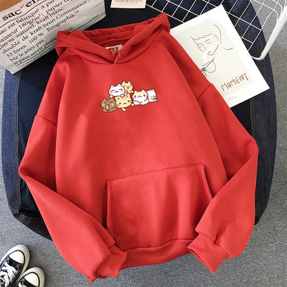 Cute Cat Fleece-lined Hoodie Female Male