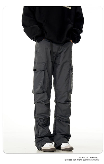 Retro Function Black Color & Pleats Multi-pocket Loose Casual Pants