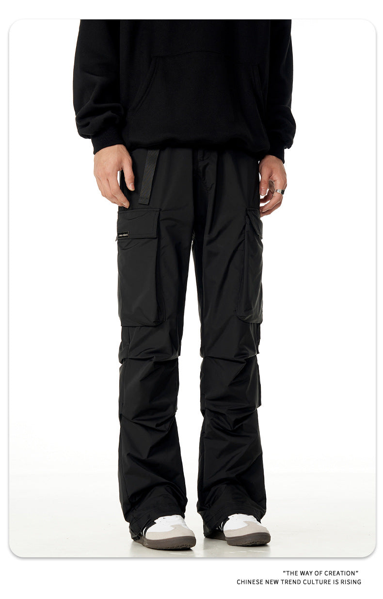 Retro Function Black Color & Pleats Multi-pocket Loose Casual Pants