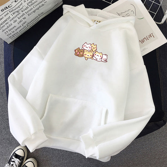 Cute Cat Fleece-lined Hoodie Female Male